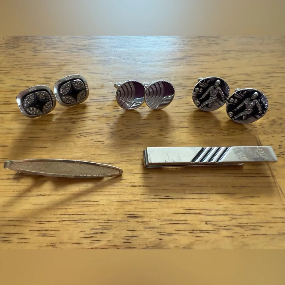 Lot‎ of Vintage Cuff Links & Tie Clips Silver Color Bowling Military Special